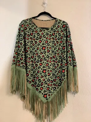 Turquoise Fringe Leopard print Poncho