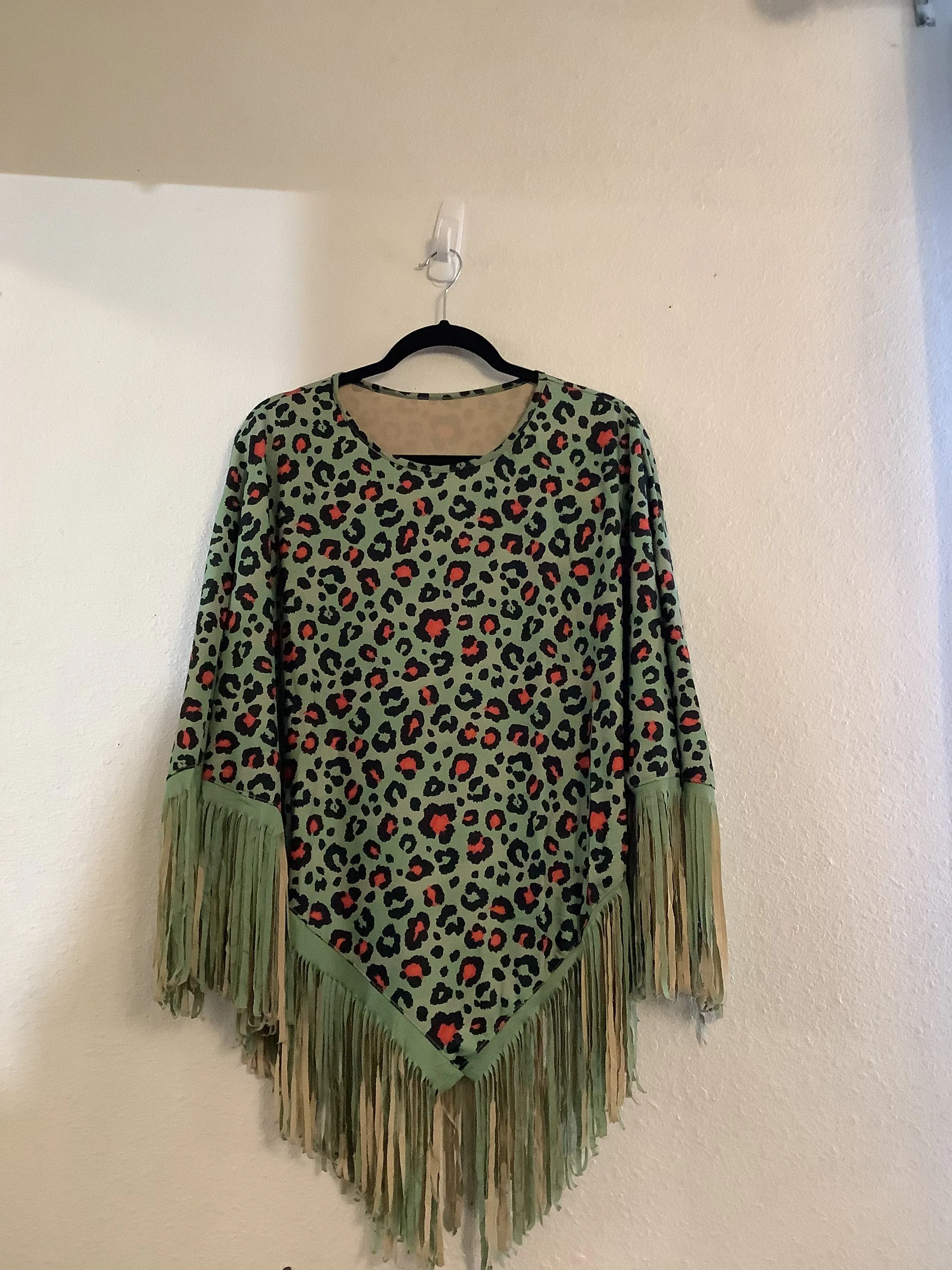 Turquoise Fringe Leopard print Poncho