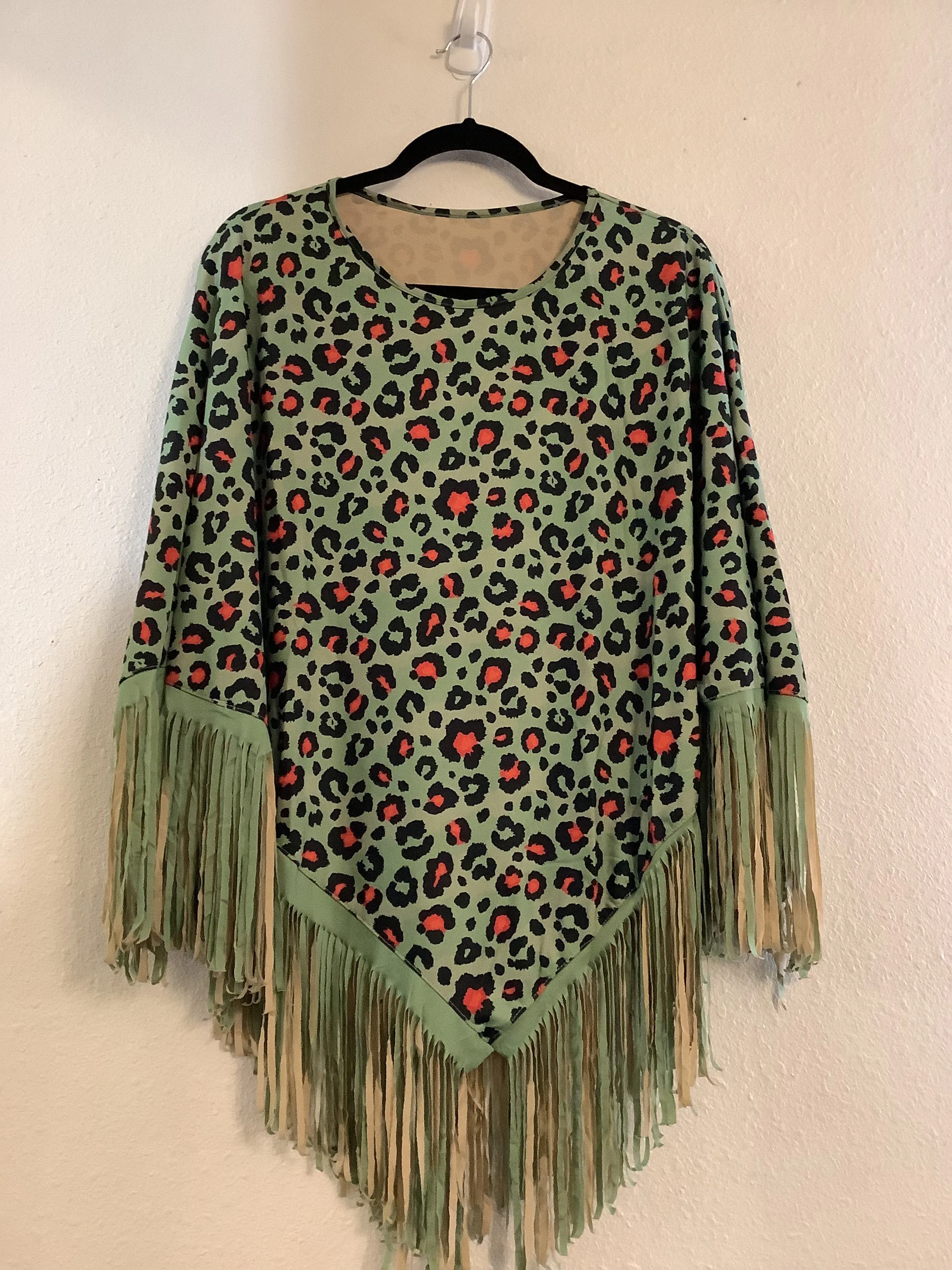 Turquoise Fringe Leopard print Poncho