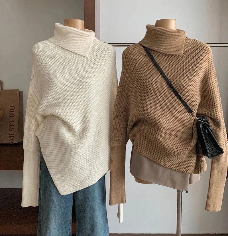 Turtleneck Long Sleeve Irregular Pullover