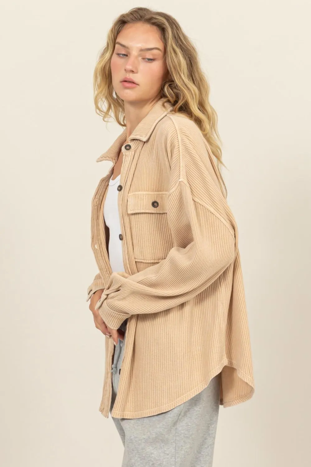 Waffle-Knit Button Up Shacket In Taupe
