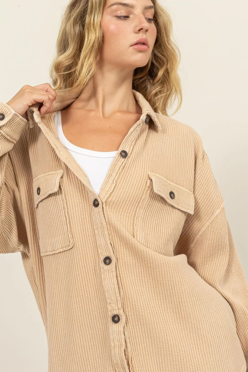 Waffle-Knit Button Up Shacket In Taupe