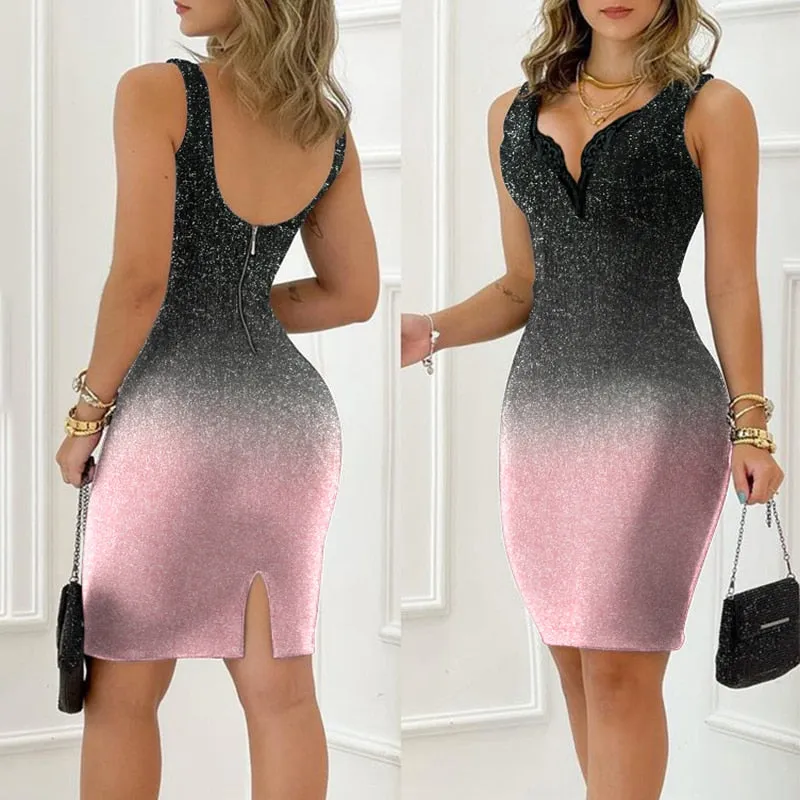 Wenkouban 2023 Autumn Women Sexy V Neck Sleeveless Open Back Skinny Mini Dress Christmas Vintage Plunge Zipper Back Slit Bodycon Dress