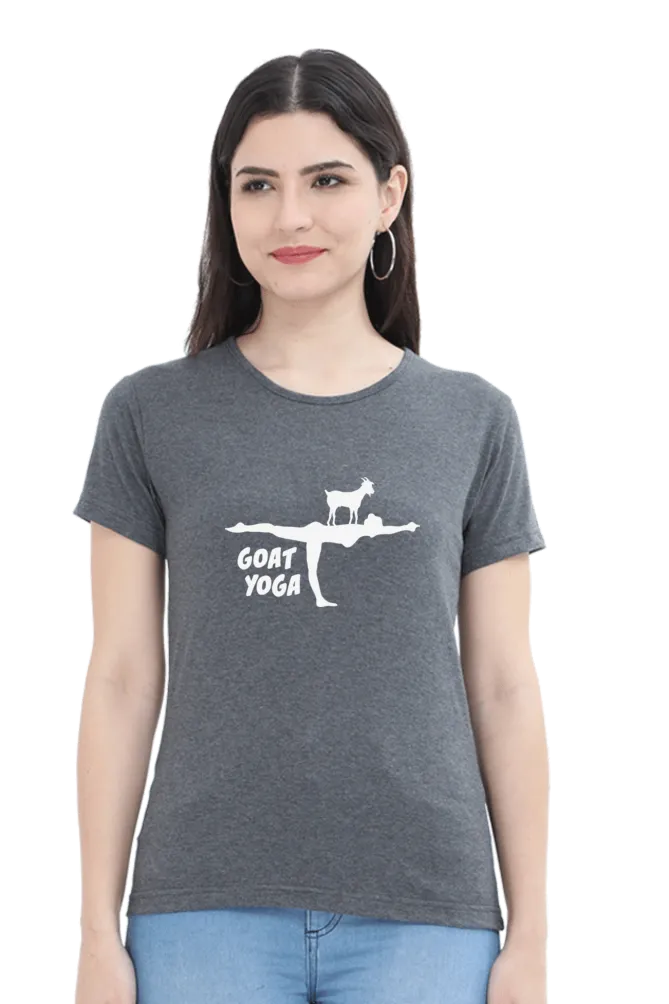 Women Round Neck Half Sleeves Classic T-Shirt - Cute Goat Yoga