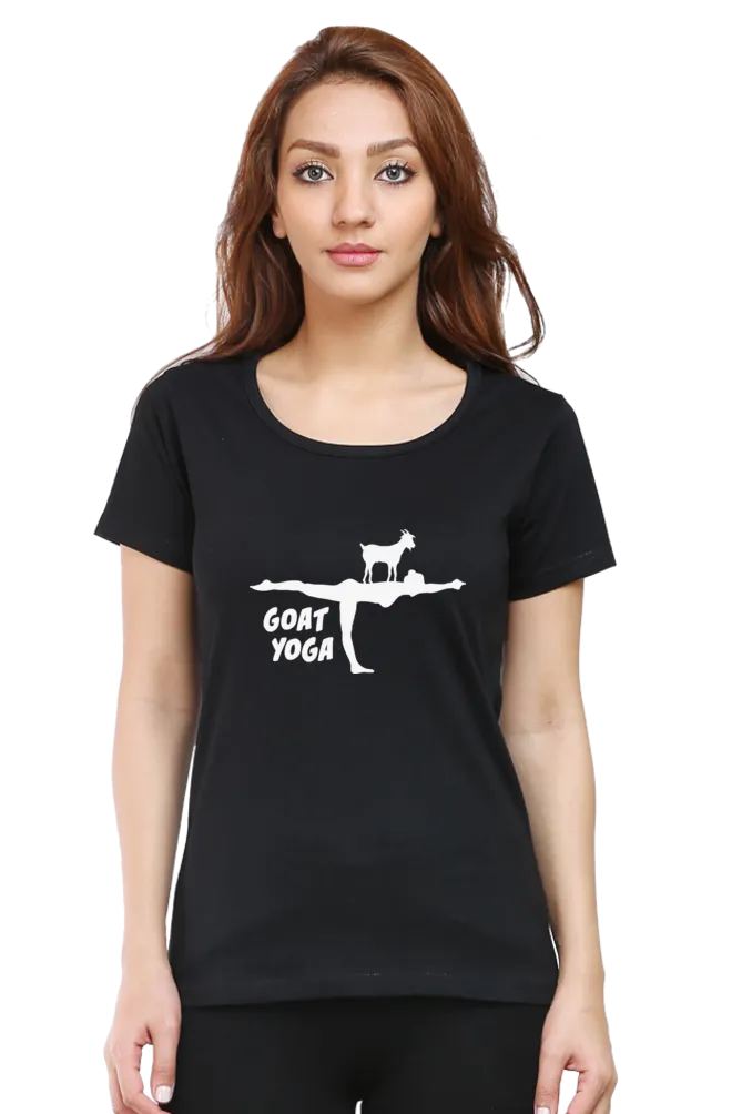 Women Round Neck Half Sleeves Classic T-Shirt - Cute Goat Yoga