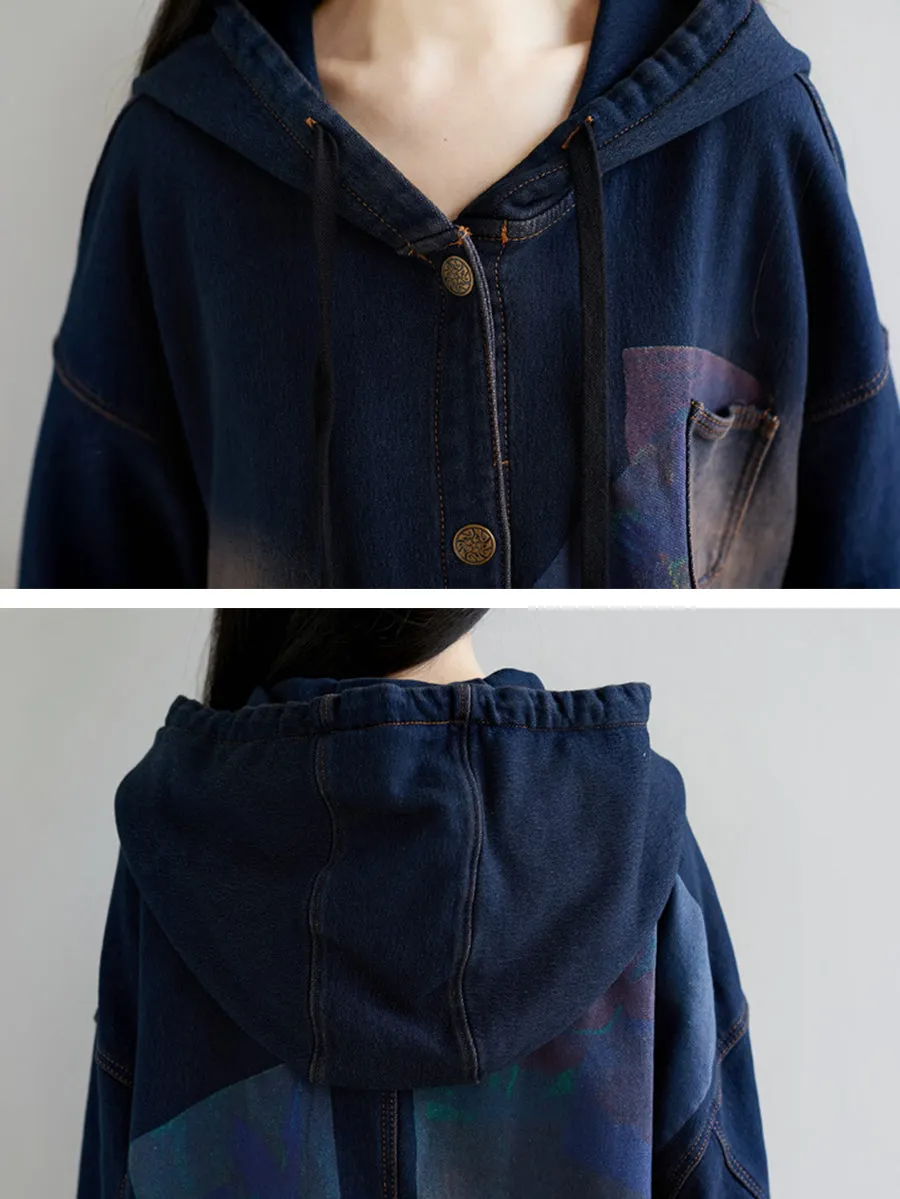 Women Spring Wron Print Splced Denim Hooded Coat