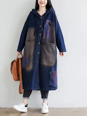 Women Spring Wron Print Splced Denim Hooded Coat