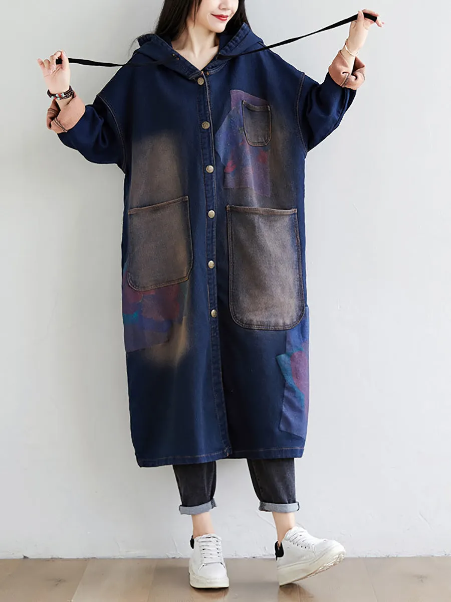Women Spring Wron Print Splced Denim Hooded Coat