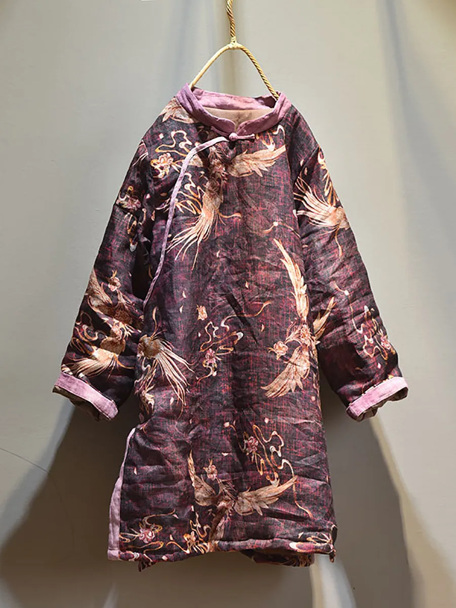 Women Winter Vintage Phoenix Split-hem Ramie Coat