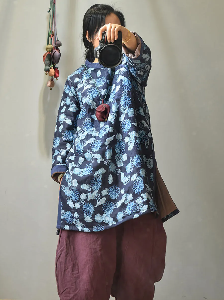 Women Winter Vintage Phoenix Split-hem Ramie Coat