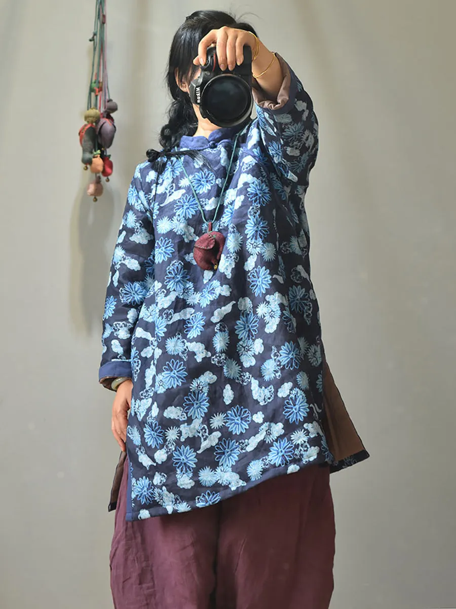 Women Winter Vintage Phoenix Split-hem Ramie Coat