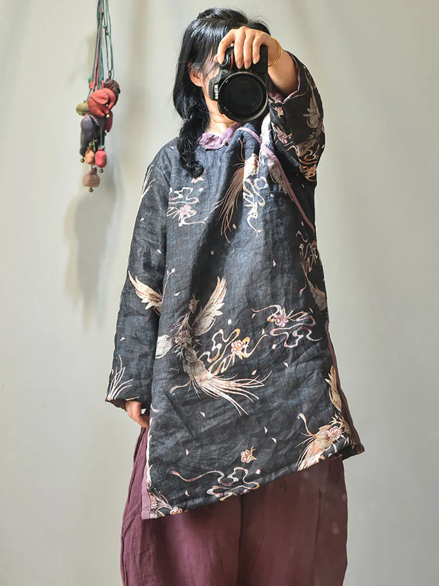 Women Winter Vintage Phoenix Split-hem Ramie Coat