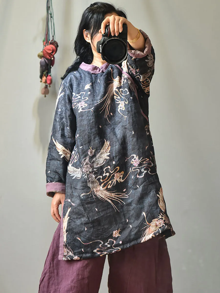 Women Winter Vintage Phoenix Split-hem Ramie Coat