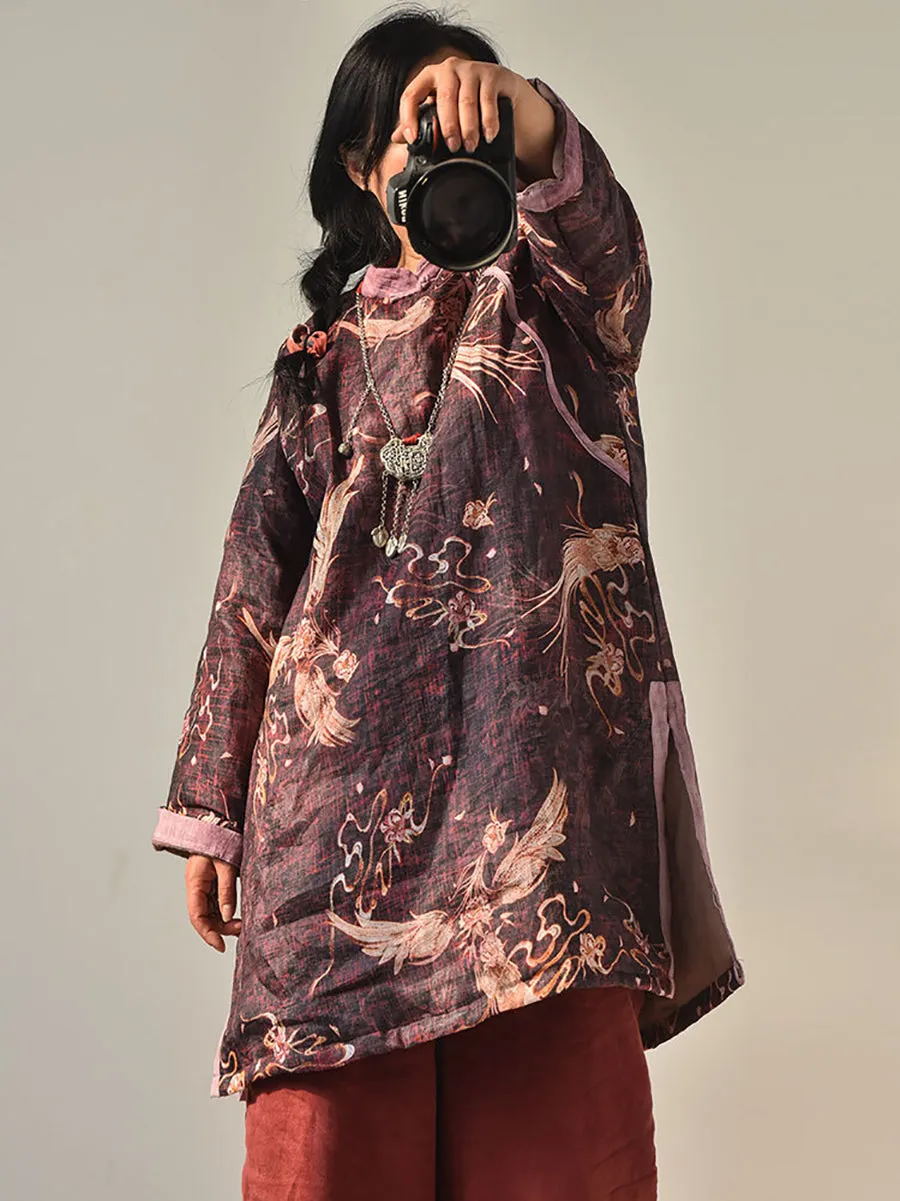 Women Winter Vintage Phoenix Split-hem Ramie Coat