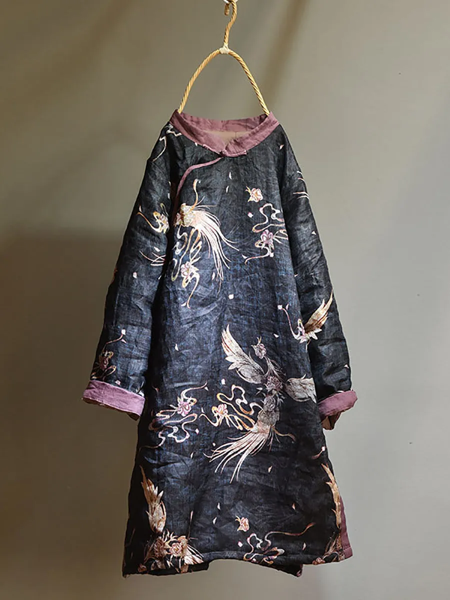 Women Winter Vintage Phoenix Split-hem Ramie Coat