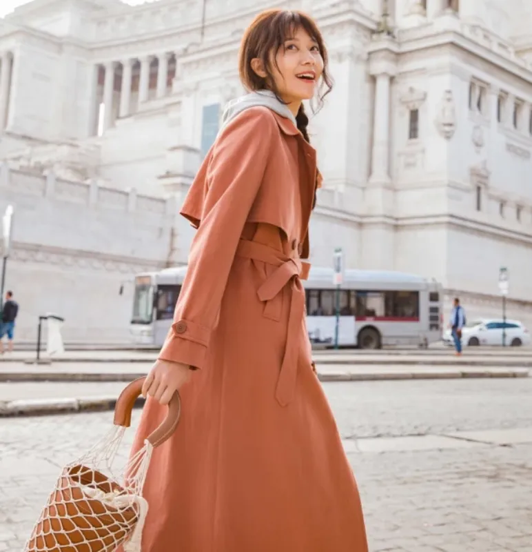 Women's Spring/Autumn Turn Down Collar Long Coat With Belt
