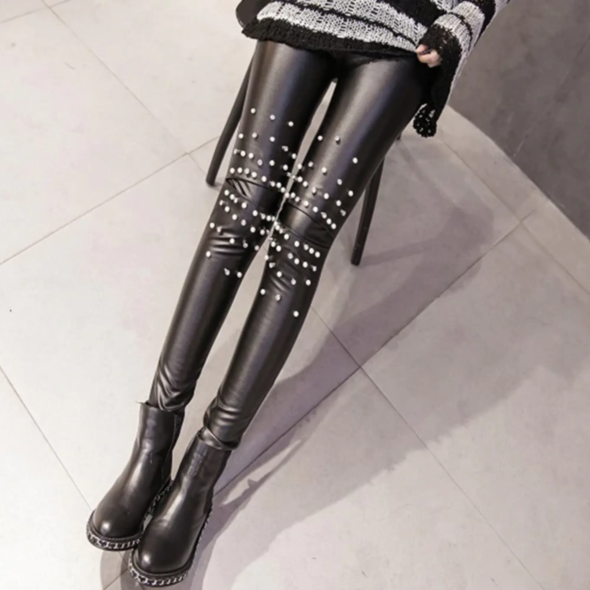 Women's Winter High-Waist Faux Leather Push-Up Leggings