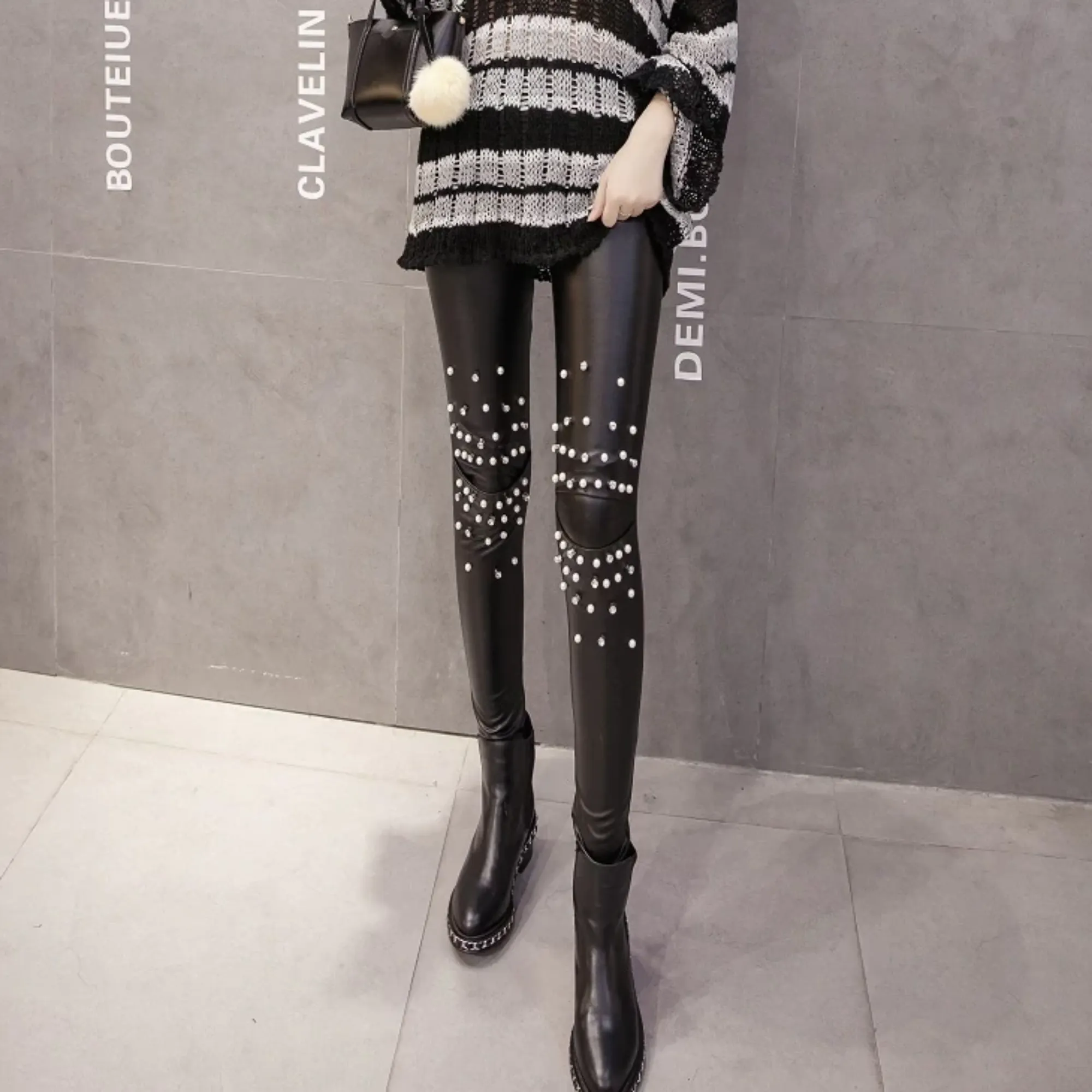 Women's Winter High-Waist Faux Leather Push-Up Leggings