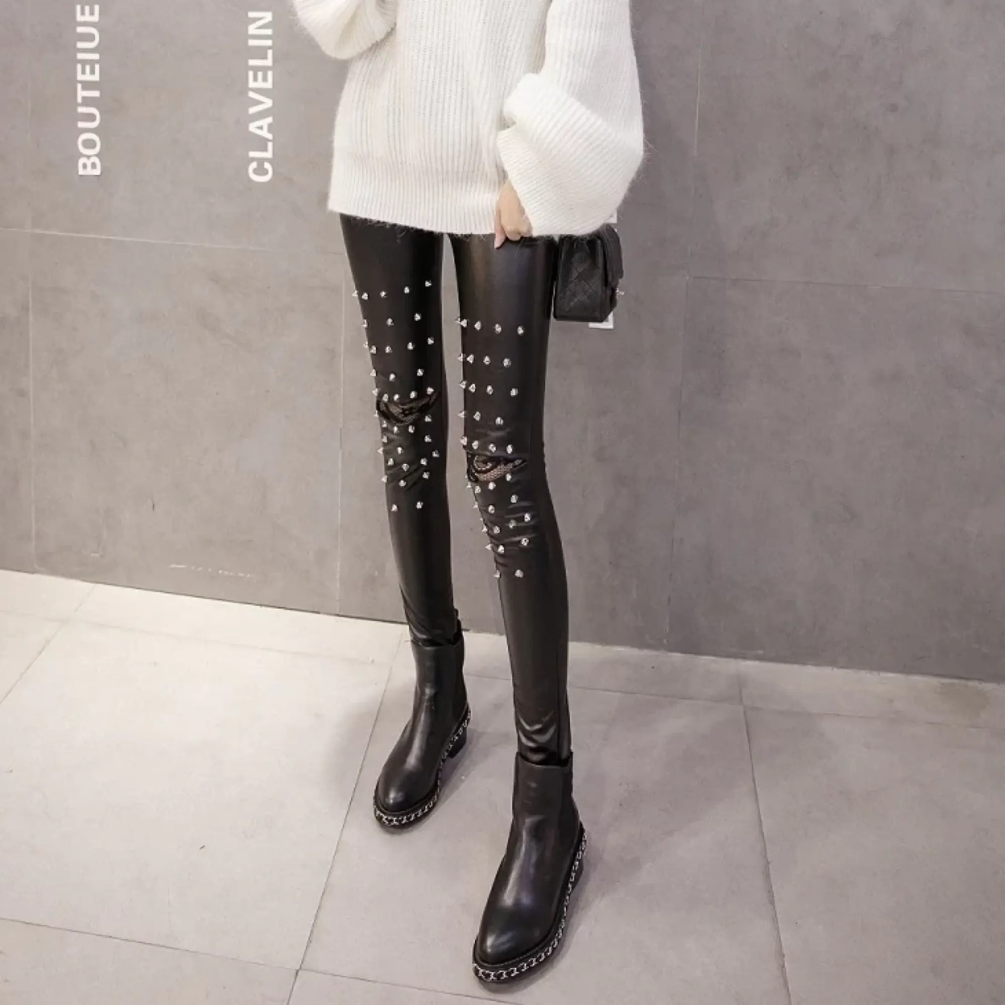 Women's Winter High-Waist Faux Leather Push-Up Leggings