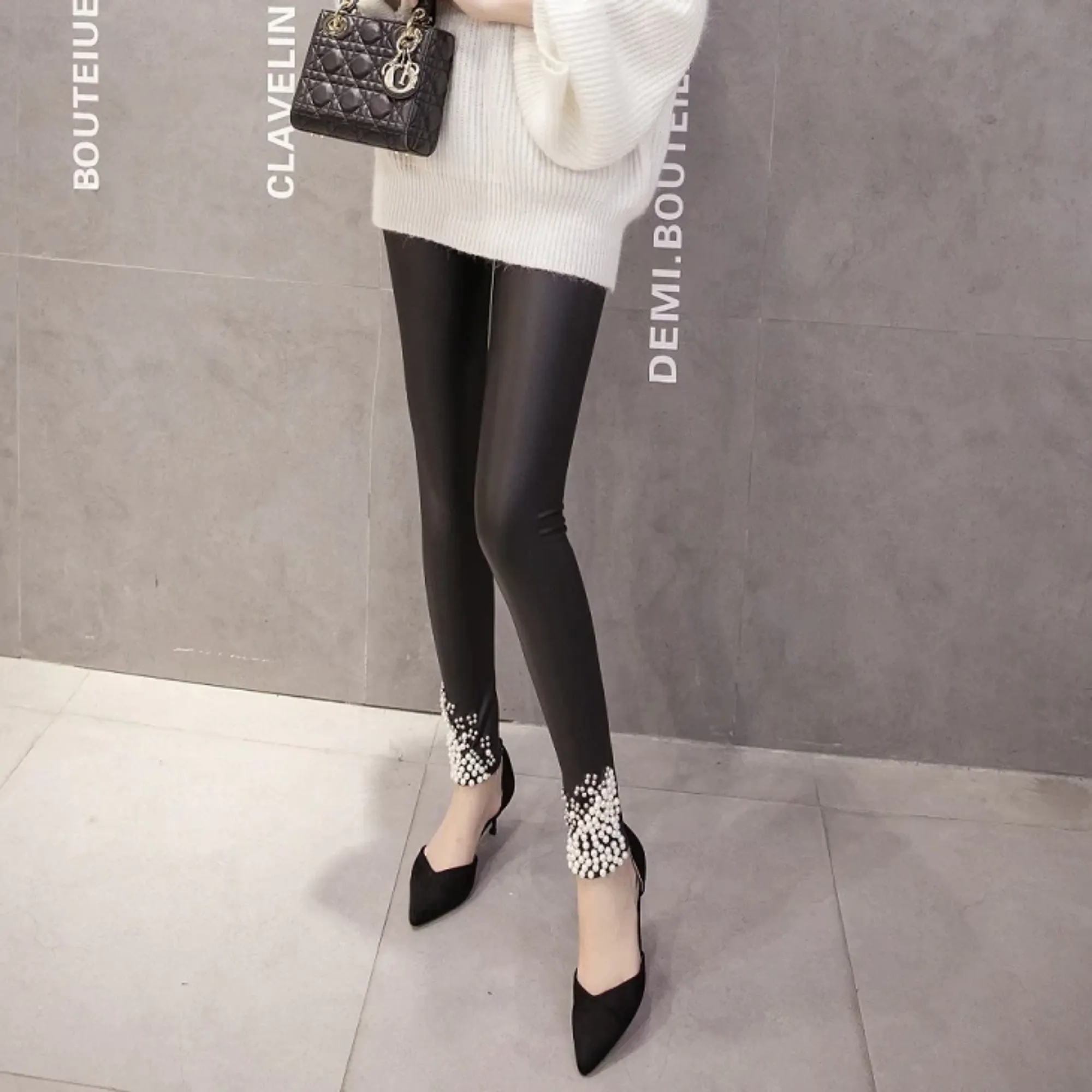 Women's Winter High-Waist Faux Leather Push-Up Leggings