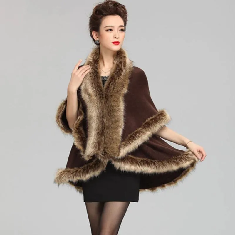 Women's Winter O-Neck Poncho With Fake Raccoon Fur