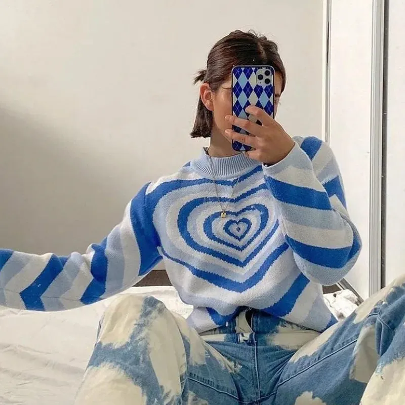 Y2K Colorful Heart Turtleneck Sweater