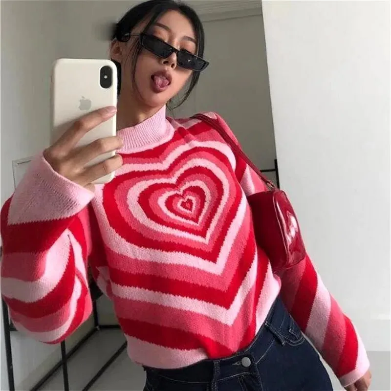 Y2K Colorful Heart Turtleneck Sweater